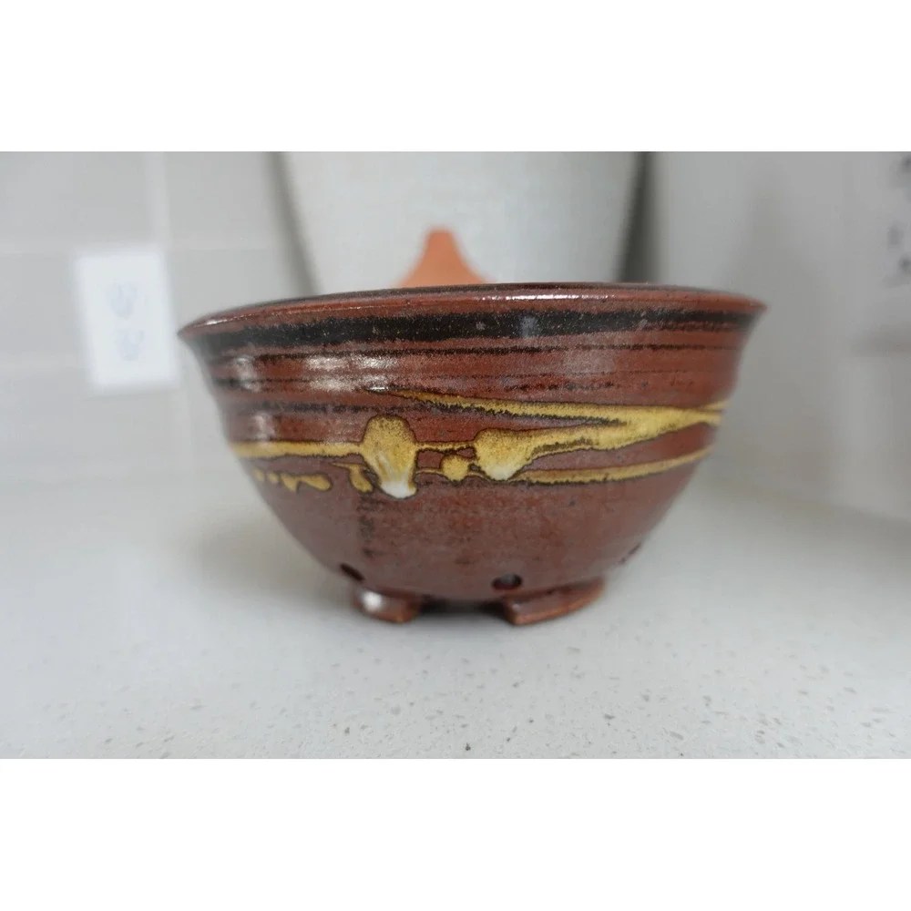 Handmade Pottery Berry Bowl‎ Colander Brown Glazed Ceramic Kitchen Decor